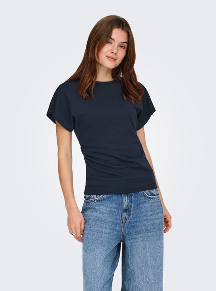 Only Round Neck Cinched Waist T-Shirt in Navy