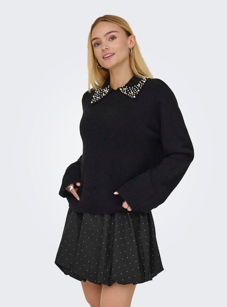 JDY Pearl Detail Collared Knit Jumper in Black