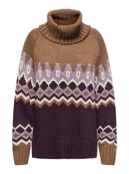 Only Chunky Fairisle Roll Neck Knitted Jumper in Burgundy