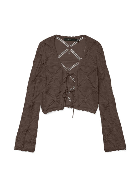 VM Crochet Long Sleeve Tie Front Top in Chocolate Brown