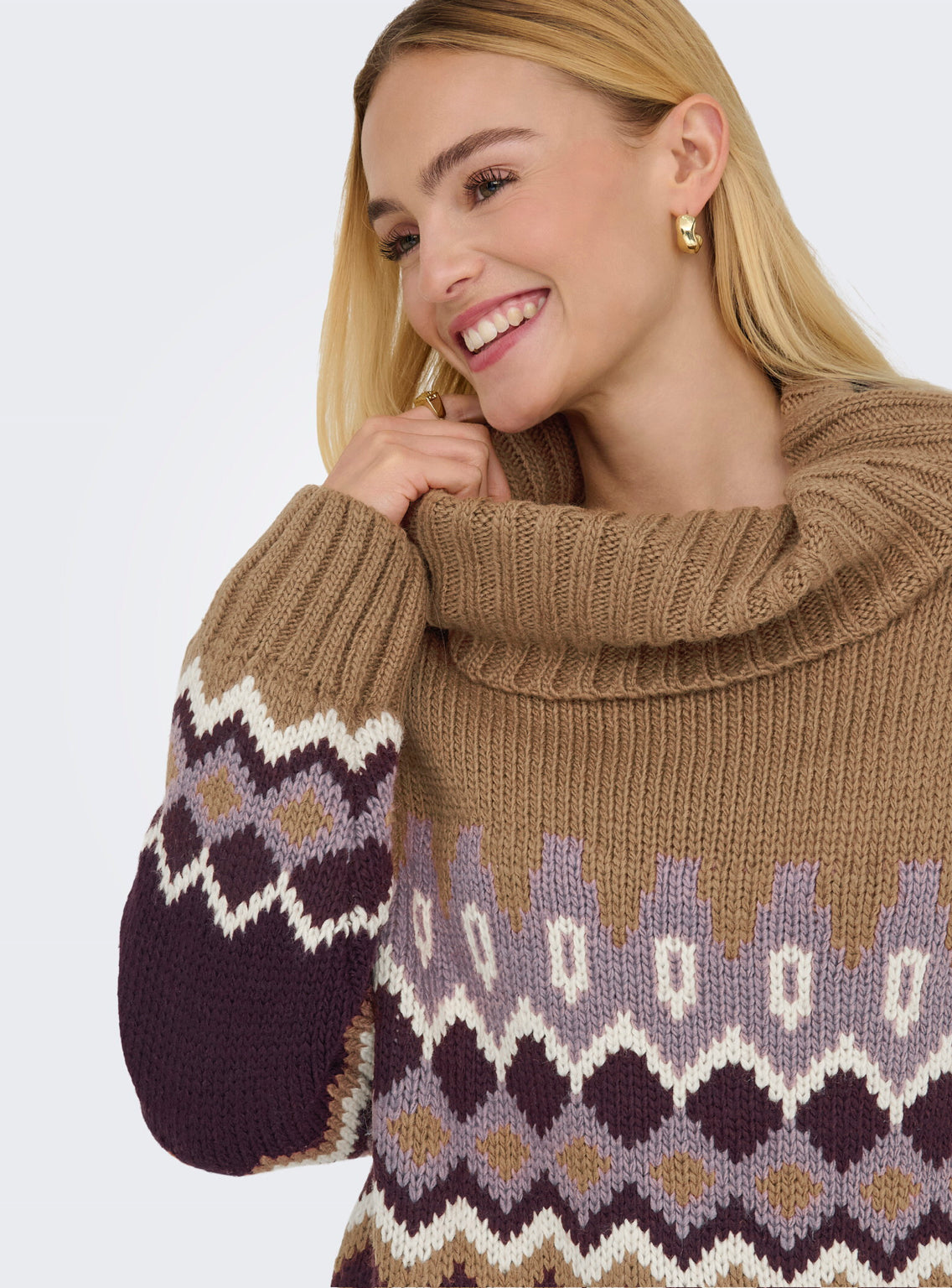 Only Chunky Fairisle Roll Neck Knitted Jumper in Burgundy