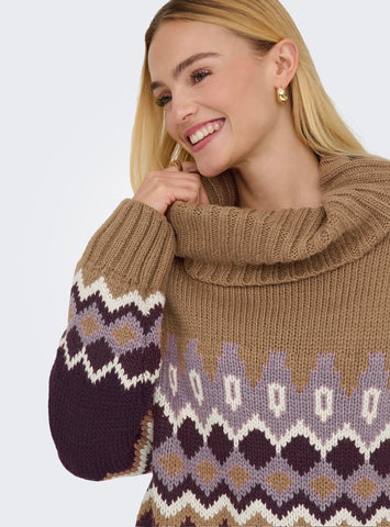 Only Chunky Fairisle Roll Neck Knitted Jumper in Burgundy