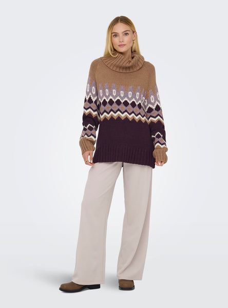 Only Chunky Fairisle Roll Neck Knitted Jumper in Burgundy