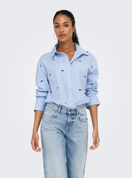 ONLY Oversized Pinstripe Shirt with Embroidered Bow Detail