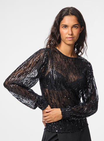 Pieces Sequin Sheer Blouse in Black