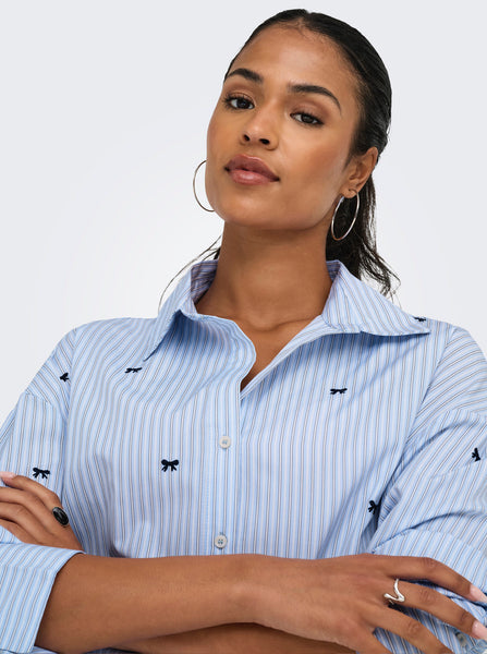 ONLY Oversized Pinstripe Shirt with Embroidered Bow Detail