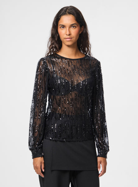 Pieces Sequin Sheer Blouse in Black