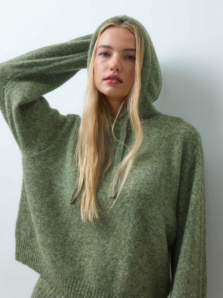 VM Long Sleeve Knit Hooded Pullover in Moss