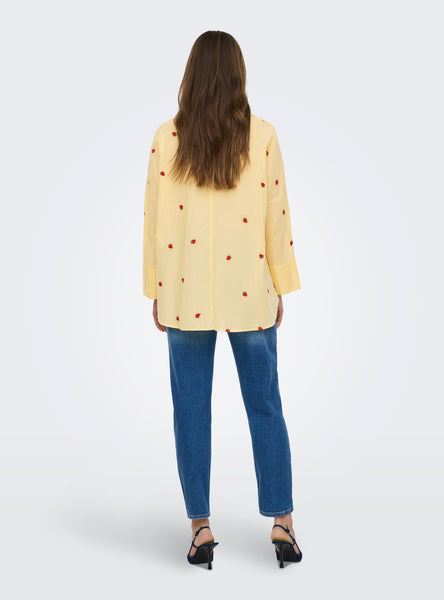 Only Oversized Embroidered Strawberry Shirt in Lemon