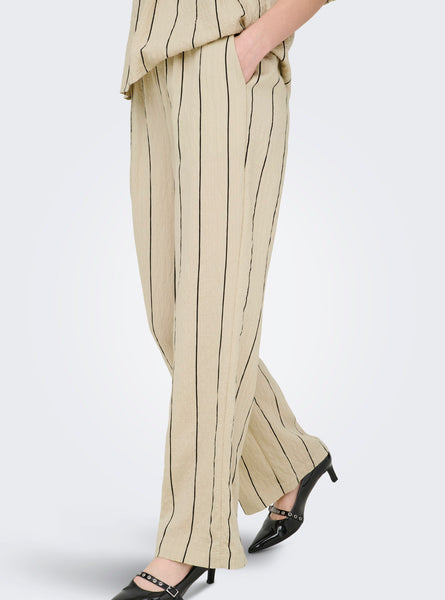 JDY Wide Leg Seersucker Stripe Trousers in Ecru