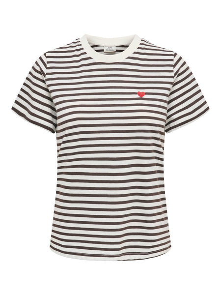 JDY Short Sleeve Heart Tshirt In Brown Stripe