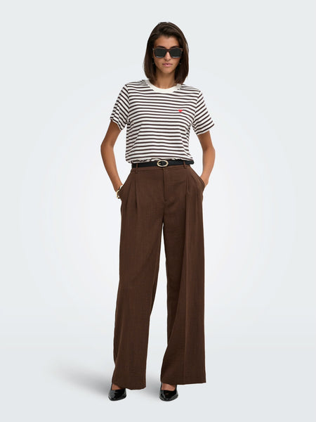 JDY Short Sleeve Heart Tshirt In Brown Stripe