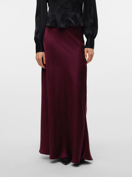 VM High Waist Satin Maxi Skirt in Wine
