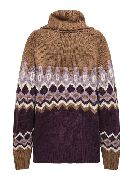 Only Chunky Fairisle Roll Neck Knitted Jumper in Burgundy