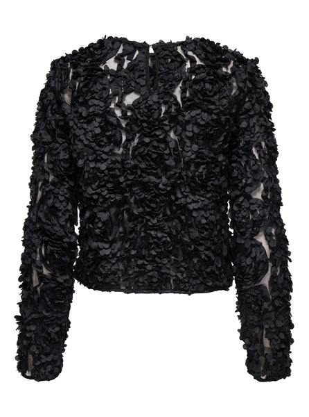 Only Rose Bloom 3D Textured Long Sleeve Top In Black