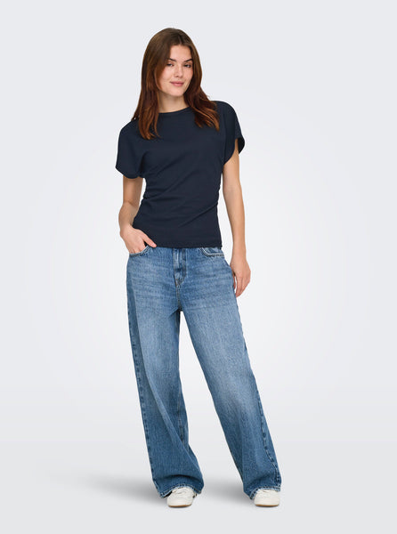 Only Round Neck Cinched Waist T-Shirt in Navy