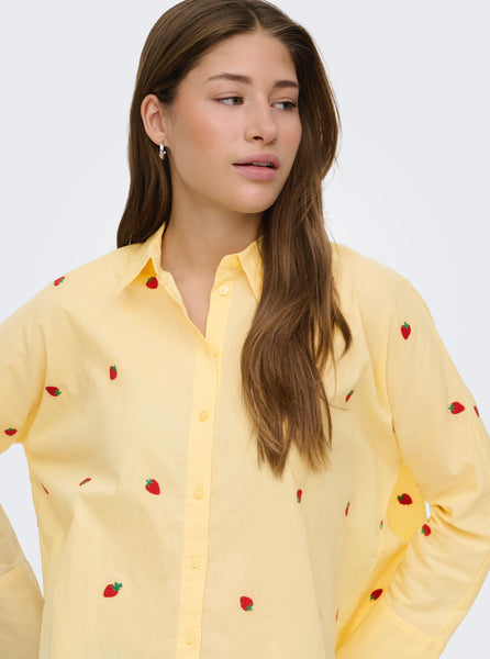 Only Oversized Embroidered Strawberry Shirt in Lemon