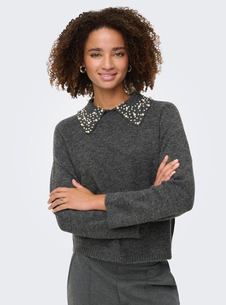 JDY Pearl Detail Collared Knit Jumper in Grey