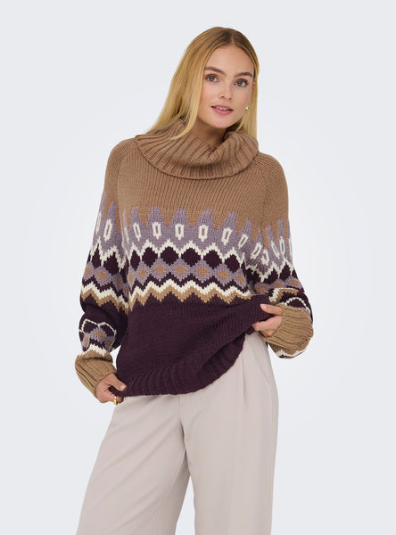 Only Chunky Fairisle Roll Neck Knitted Jumper in Burgundy