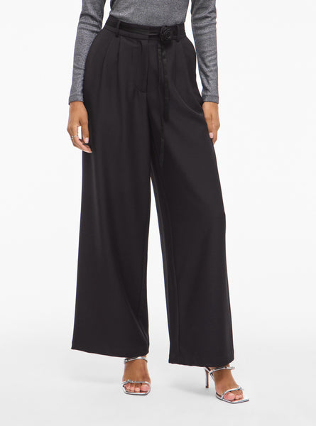 Vila High Waisted Wide Leg Rosette Detail Trousers In Black