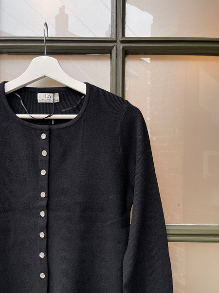 JDY Long Sleeve Ribbed Button Front Top in Black