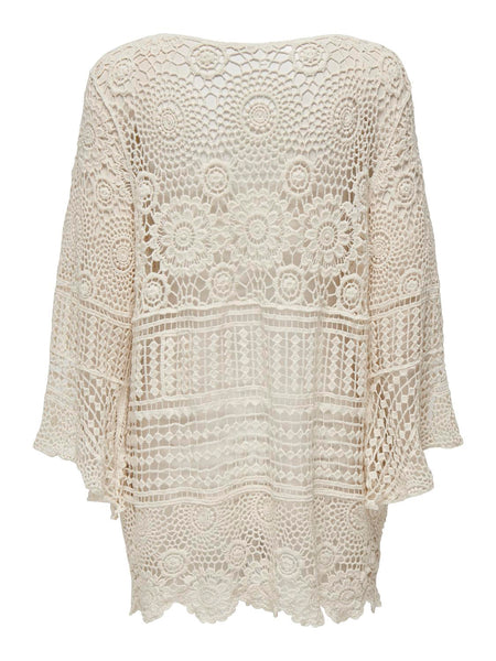 Only Crochet Long Sleeve Kaftan Cover Up Beach Dress in Ecru
