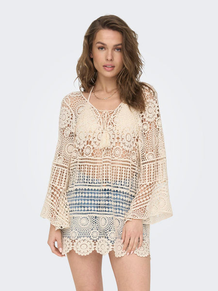 Only Crochet Long Sleeve Kaftan Cover Up Beach Dress in Ecru