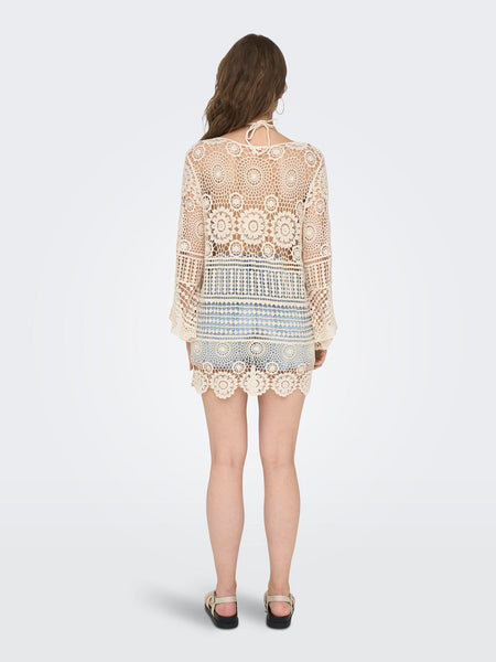 Only Crochet Long Sleeve Kaftan Cover Up Beach Dress in Ecru