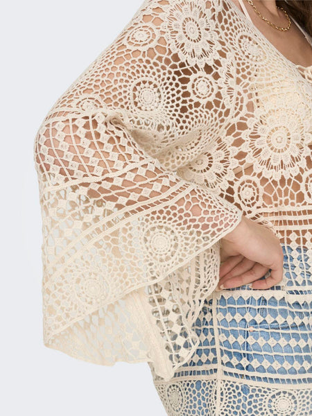 Only Crochet Long Sleeve Kaftan Cover Up Beach Dress in Ecru