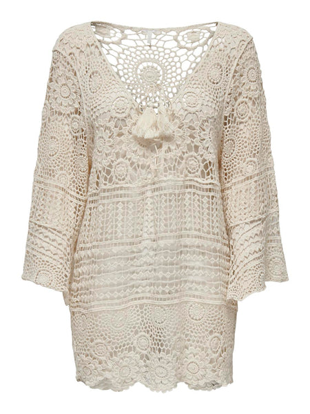 Only Crochet Long Sleeve Kaftan Cover Up Beach Dress in Ecru