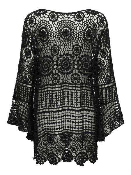 Only Crochet Long Sleeve Kaftan Cover Up Beach Dress in Black