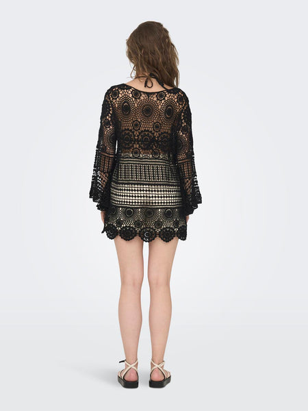 Only Crochet Long Sleeve Kaftan Cover Up Beach Dress in Black