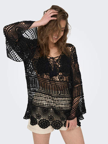 Only Crochet Long Sleeve Kaftan Cover Up Beach Dress in Black