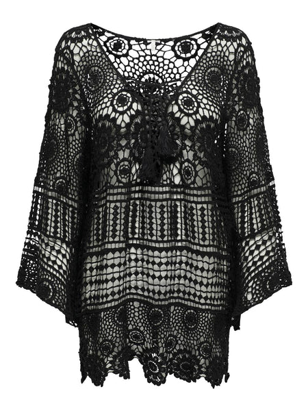 Only Crochet Long Sleeve Kaftan Cover Up Beach Dress in Black