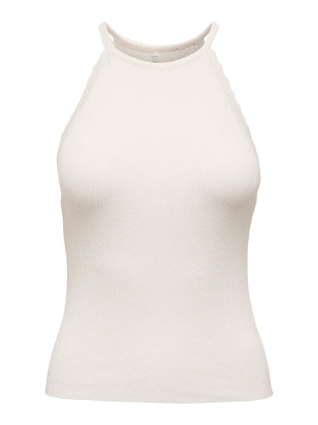 Only Scalloped Halterneck Ribbed Top In Cream