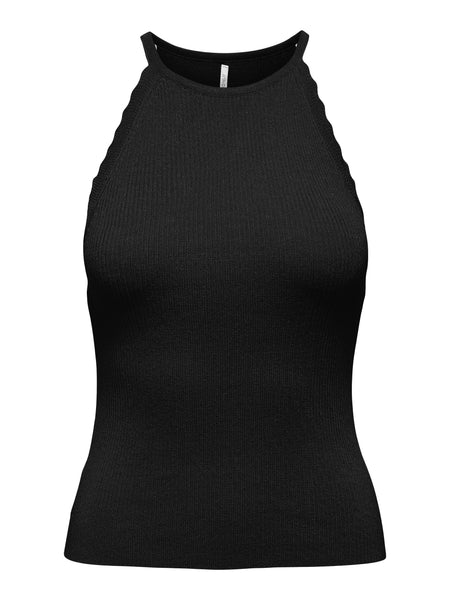 Only Scalloped Halterneck Ribbed Top In Black