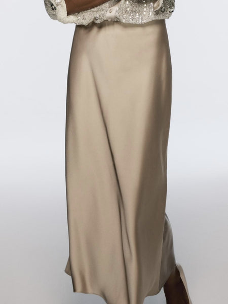 Only Satin Midi Skirt In Bronze