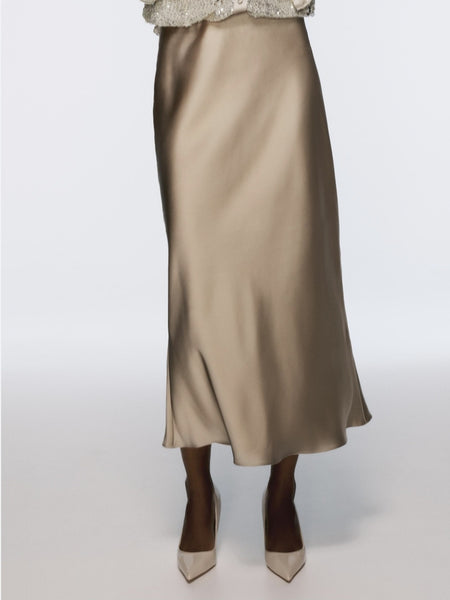 Only Satin Midi Skirt In Bronze