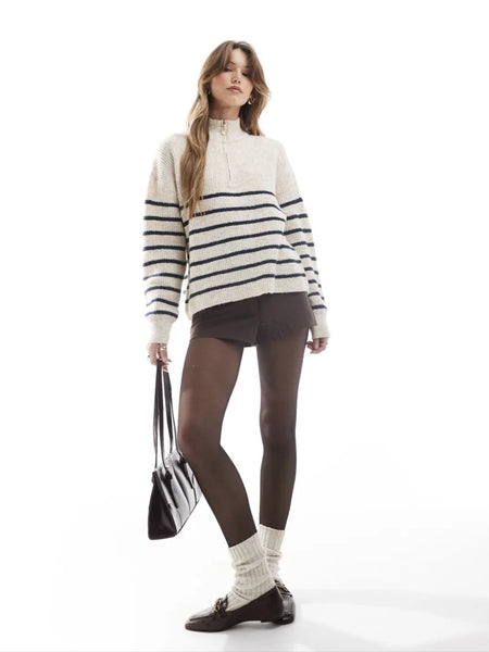 Only Zip Neck Navy Stripe Knit Jumper