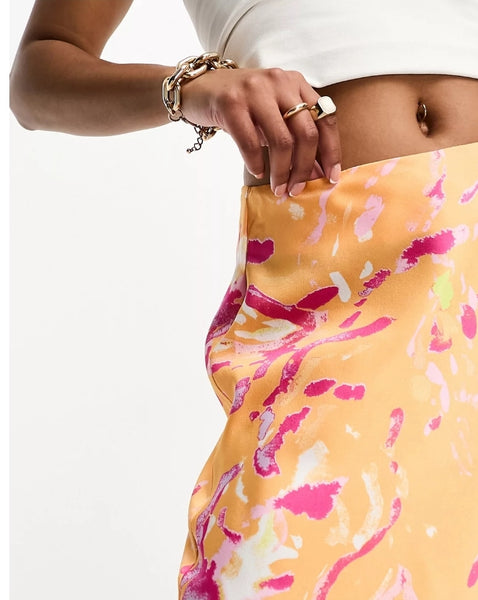 VM Orange Abstract Satin Midi Skirt