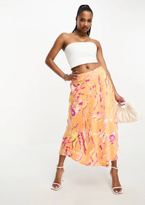 VM Orange Abstract Satin Midi Skirt
