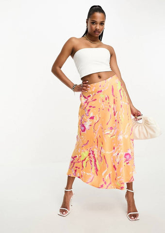 VM Orange Abstract Satin Midi Skirt