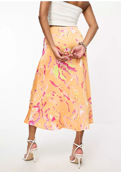 VM Orange Abstract Satin Midi Skirt