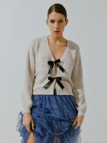 Vila Oat Knit Bow Front Cardigan