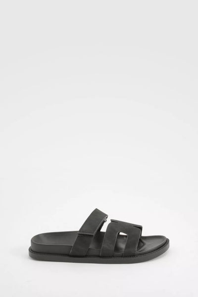 Caged Cut Out Faux Suede Sliders In Black