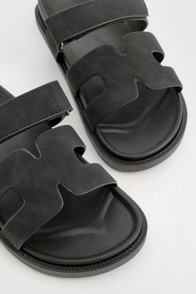 Caged Cut Out Faux Suede Sliders In Black