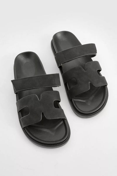 Caged Cut Out Faux Suede Sliders In Black
