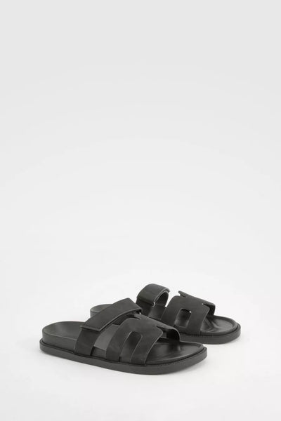 Caged Cut Out Faux Suede Sliders In Black