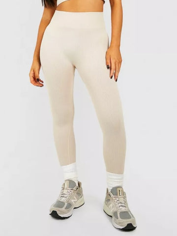 High Waist Seamless Ribbed Leggings In Cream