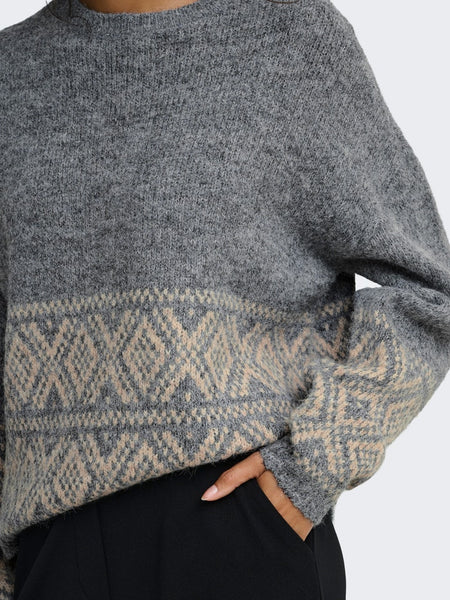 JDY Fairisle Nordic Knit Jumper In Grey